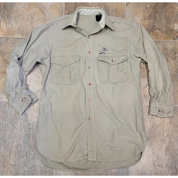 Vintage Eddie Bauer Shirt Men's Medium Tan Long Sleeve Duck Hunting USA Made 90s - Picture 1 of 12